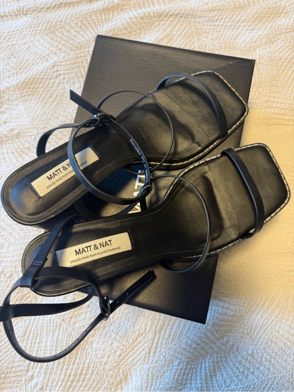 Matt & Nat Black Strappy Square-Toe Ankle-Tie Sandals